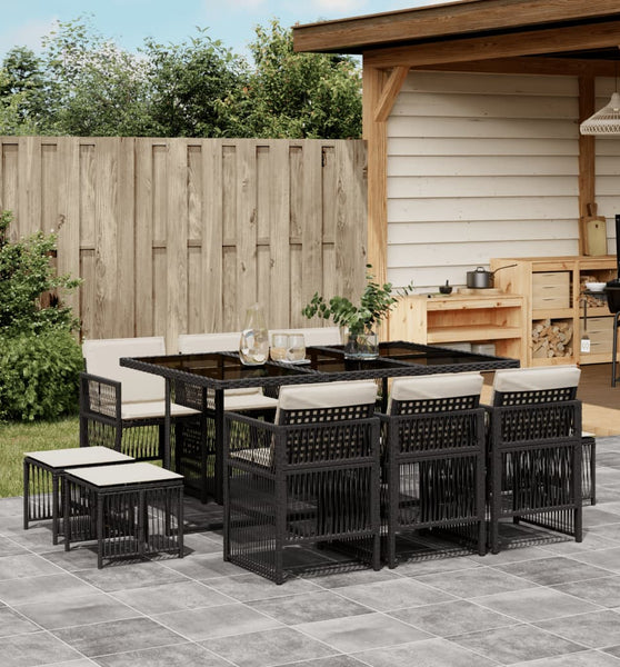 11-tlg. Garten-Essgruppe mit Kissen Schwarz Poly Rattan