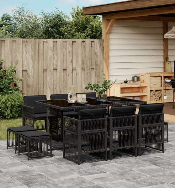11-tlg. Garten-Essgruppe mit Kissen Schwarz Poly Rattan
