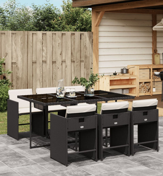 7-tlg. Garten-Essgruppe mit Kissen Schwarz Poly Rattan