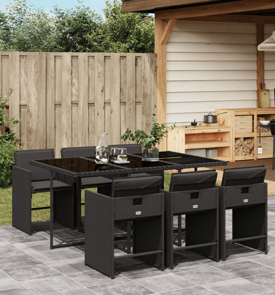 7-tlg. Garten-Essgruppe mit Kissen Schwarz Poly Rattan