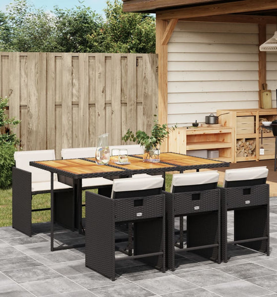 7-tlg. Garten-Essgruppe mit Kissen Schwarz Poly Rattan