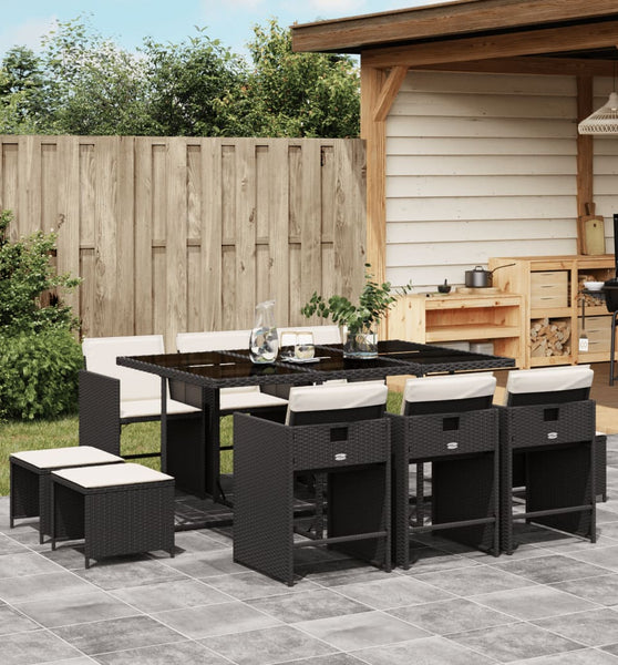 11-tlg. Garten-Essgruppe mit Kissen Schwarz Poly Rattan