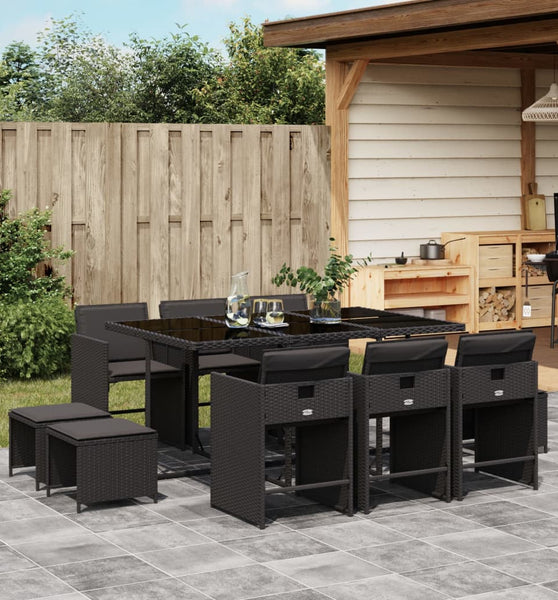 11-tlg. Garten-Essgruppe mit Kissen Schwarz Poly Rattan