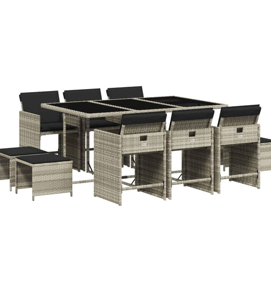 11-tlg. Garten-Essgruppe mit Kissen Hellgrau Poly Rattan