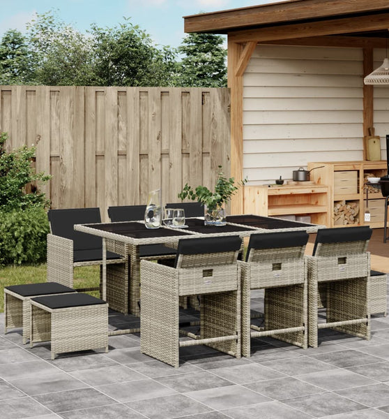 11-tlg. Garten-Essgruppe mit Kissen Hellgrau Poly Rattan