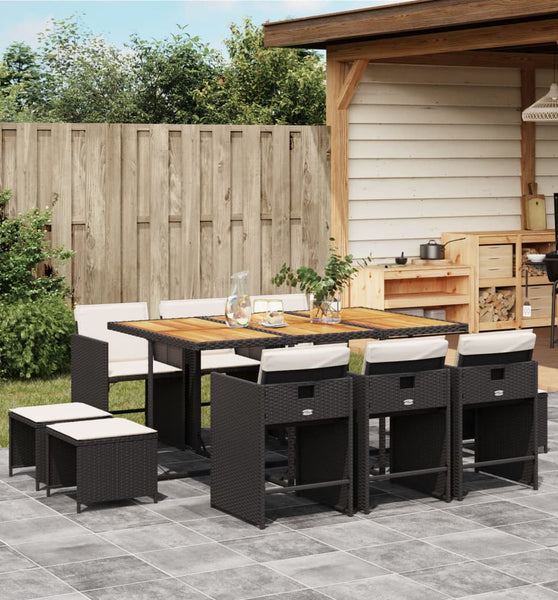 11-tlg. Garten-Essgruppe mit Kissen Schwarz Poly Rattan