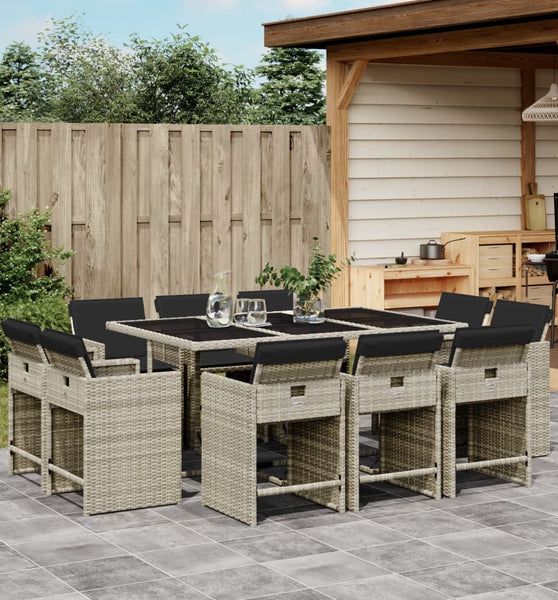 11-tlg. Garten-Essgruppe mit Kissen Hellgrau Poly Rattan
