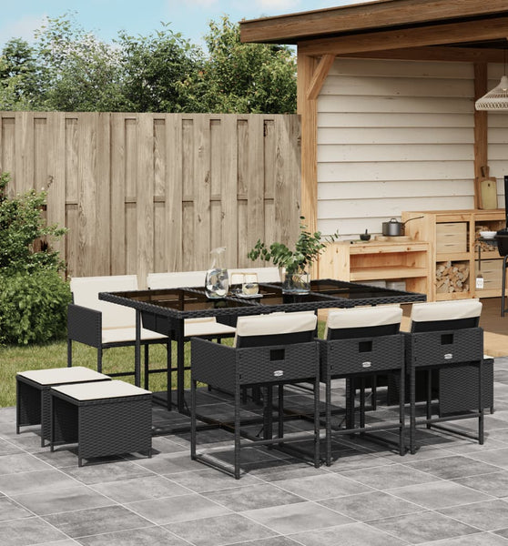 11-tlg. Garten-Essgruppe mit Kissen Schwarz Poly Rattan