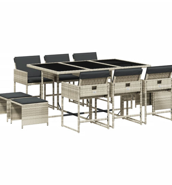 11-tlg. Garten-Essgruppe mit Kissen Hellgrau Poly Rattan