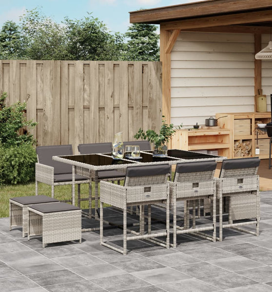 11-tlg. Garten-Essgruppe mit Kissen Hellgrau Poly Rattan