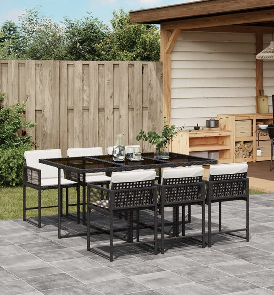 7-tlg. Garten-Essgruppe mit Kissen Schwarz Poly Rattan