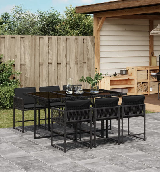 7-tlg. Garten-Essgruppe mit Kissen Schwarz Poly Rattan