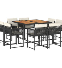 9-tlg. Garten-Essgruppe mit Kissen Schwarz Poly Rattan