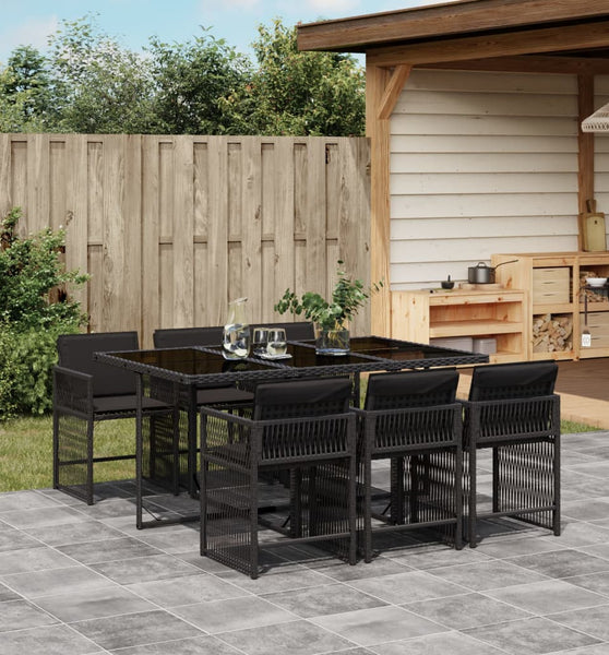 7-tlg. Garten-Essgruppe mit Kissen Schwarz Poly Rattan