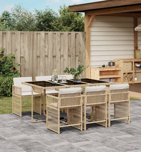 7-tlg. Garten-Essgruppe mit Kissen Beige Poly Rattan