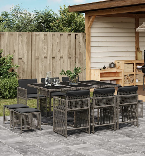 11-tlg. Garten-Essgruppe mit Kissen Grau Poly Rattan