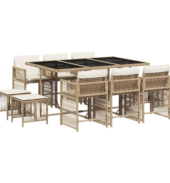 11-tlg. Garten-Essgruppe mit Kissen Beige Poly Rattan