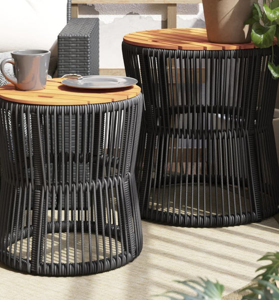 Garten-Beistelltische 2 Stk. mit Holzplatte Schwarz Poly Rattan