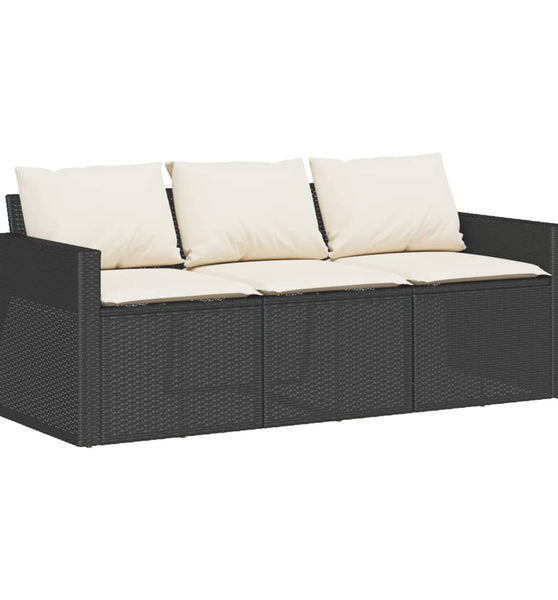 Gartensofa mit Kissen 3-Sitzer Schwarz Poly Rattan