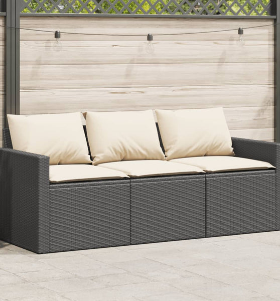 Gartensofa mit Kissen 3-Sitzer Schwarz Poly Rattan