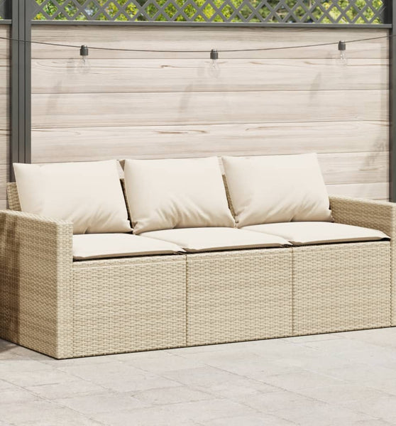 Gartensofa mit Kissen 3-Sitzer Beige Poly Rattan