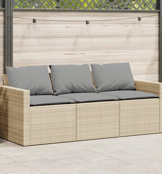 Gartensofa mit Kissen 3-Sitzer Beige Poly Rattan