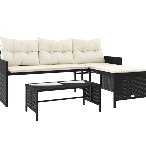 Gartensofa in L-Form mit Tisch und Kissen Schwarz Poly Rattan