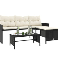 Gartensofa in L-Form mit Tisch und Kissen Schwarz Poly Rattan