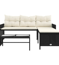 Gartensofa in L-Form mit Tisch und Kissen Schwarz Poly Rattan