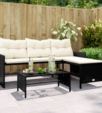 Gartensofa in L-Form mit Tisch und Kissen Schwarz Poly Rattan