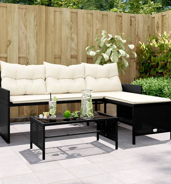 Gartensofa in L-Form mit Tisch und Kissen Schwarz Poly Rattan