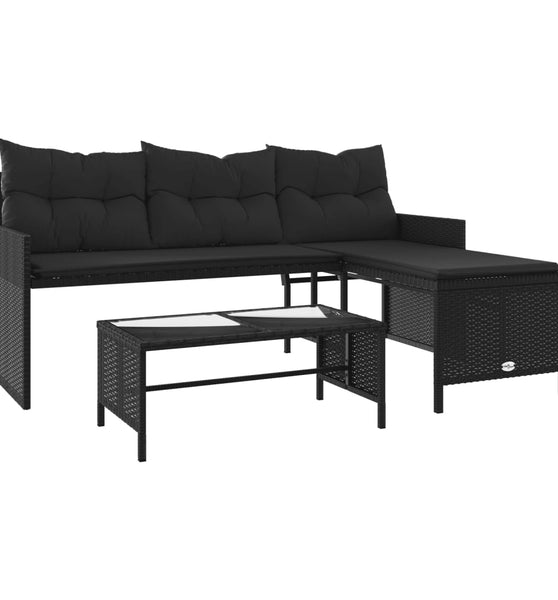 Gartensofa in L-Form mit Tisch und Kissen Schwarz Poly Rattan