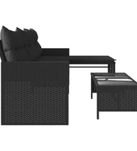 Gartensofa in L-Form mit Tisch und Kissen Schwarz Poly Rattan