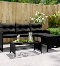 Gartensofa in L-Form mit Tisch und Kissen Schwarz Poly Rattan