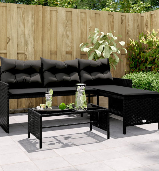 Gartensofa in L-Form mit Tisch und Kissen Schwarz Poly Rattan