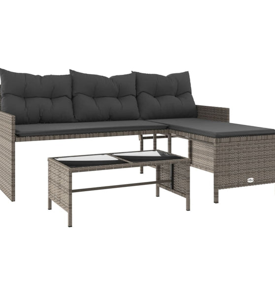 Gartensofa in L-Form mit Tisch und Kissen Grau Poly Rattan