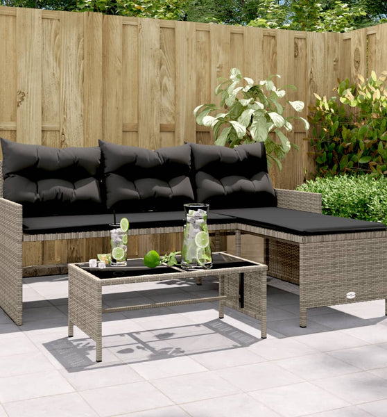 Gartensofa in L-Form mit Tisch und Kissen Grau Poly Rattan