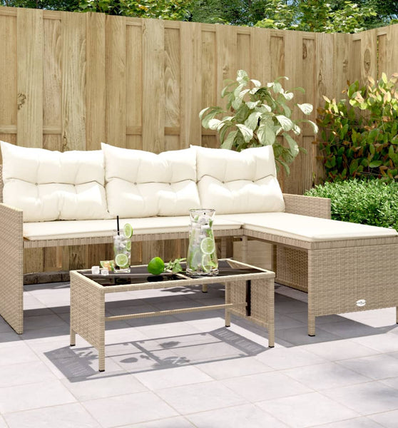 Gartensofa in L-Form mit Tisch und Kissen Beige Poly Rattan