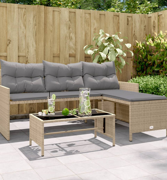 Gartensofa in L-Form mit Tisch und Kissen Beige Poly Rattan