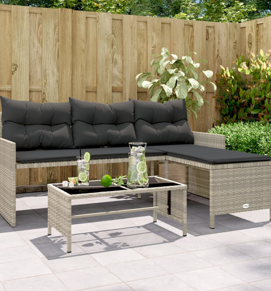 Gartensofa in L-Form mit Tisch und Kissen Hellgrau Poly Rattan