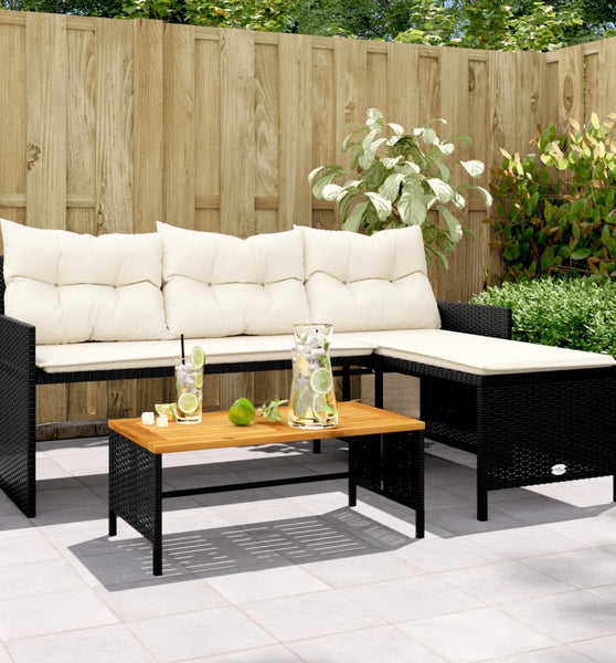 Gartensofa in L-Form mit Tisch und Kissen Schwarz Poly Rattan