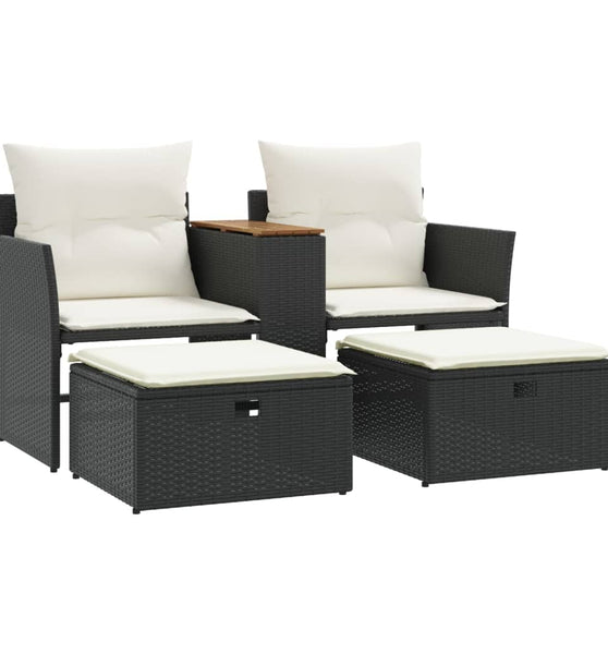 Gartensofa 2-Sitzer mit Hockern Schwarz Poly Rattan