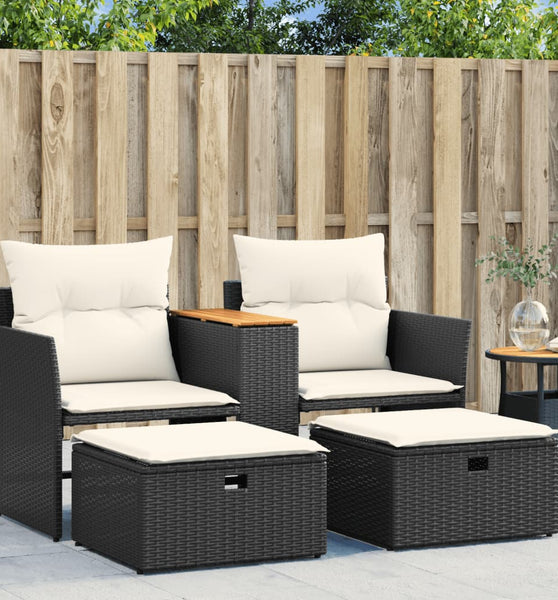 Gartensofa 2-Sitzer mit Hockern Schwarz Poly Rattan