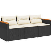 Gartensofa mit Kissen 3-Sitzer Schwarz Poly Rattan