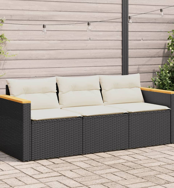 Gartensofa mit Kissen 3-Sitzer Schwarz Poly Rattan