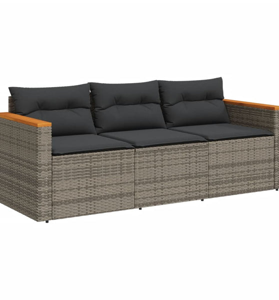 Gartensofa mit Kissen 3-Sitzer Grau Poly Rattan