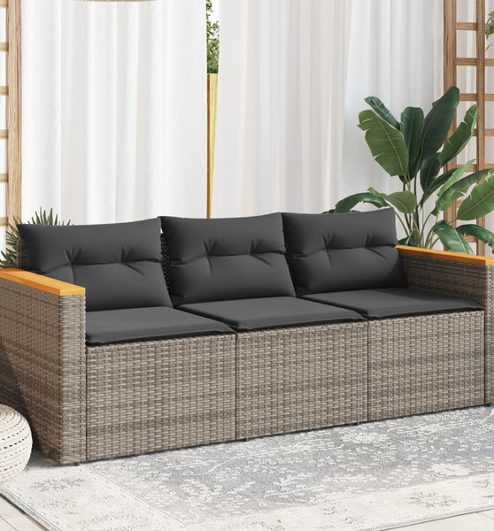 Gartensofa mit Kissen 3-Sitzer Grau Poly Rattan