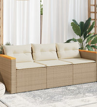 Gartensofa mit Kissen 3-Sitzer Beige Poly Rattan