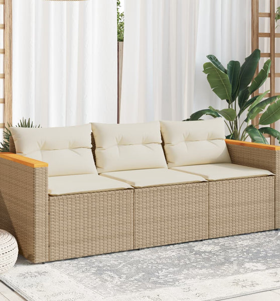 Gartensofa mit Kissen 3-Sitzer Beige Poly Rattan