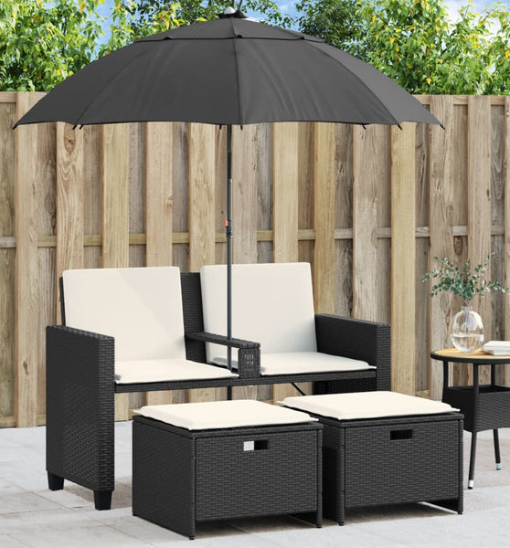 Gartensofa 2-Sitzer Sonnenschirm und Hocker Schwarz Poly-Rattan